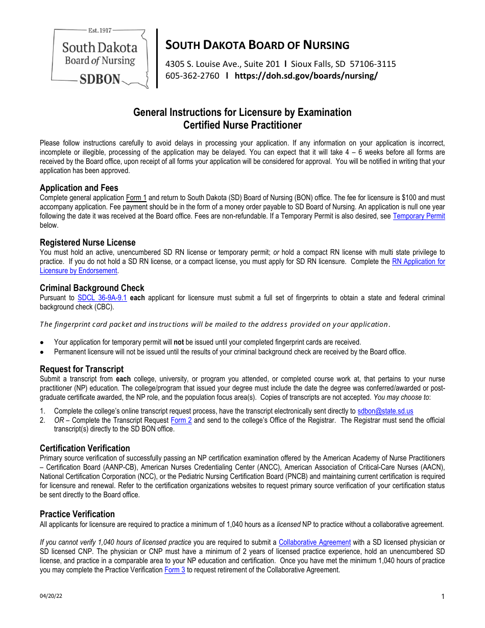 Certified Nurse Practitioner Licensure by Examination Application - South Dakota, Page 1