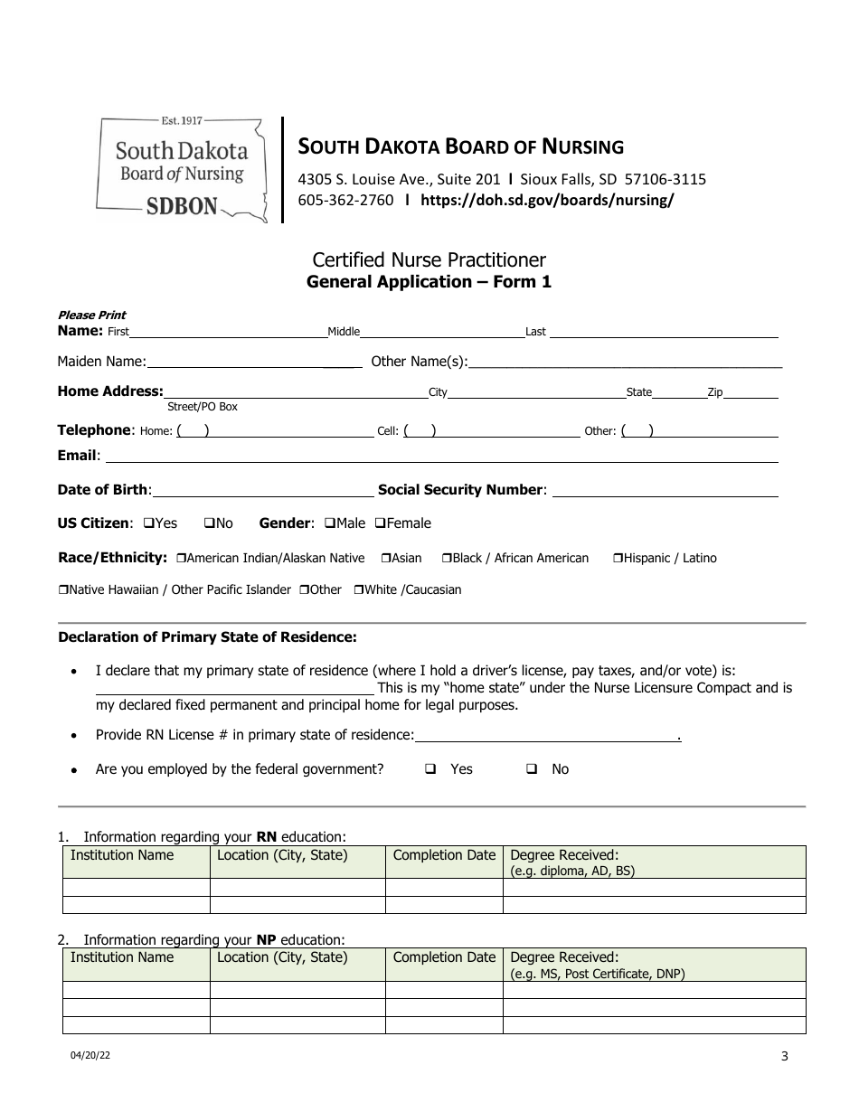 Certified Nurse Practitioner Licensure by Examination Application - South Dakota, Page 3