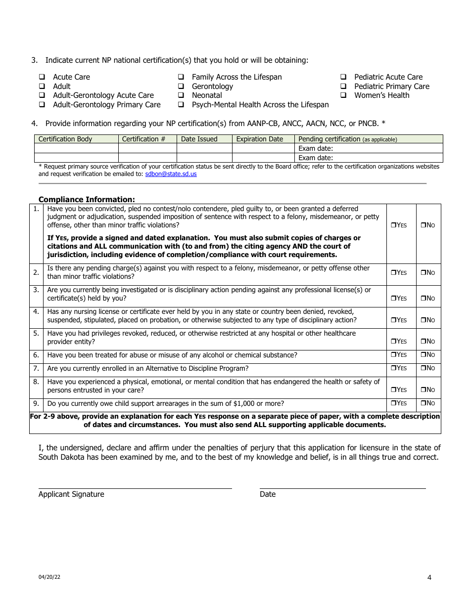 Certified Nurse Practitioner Licensure by Examination Application - South Dakota, Page 4