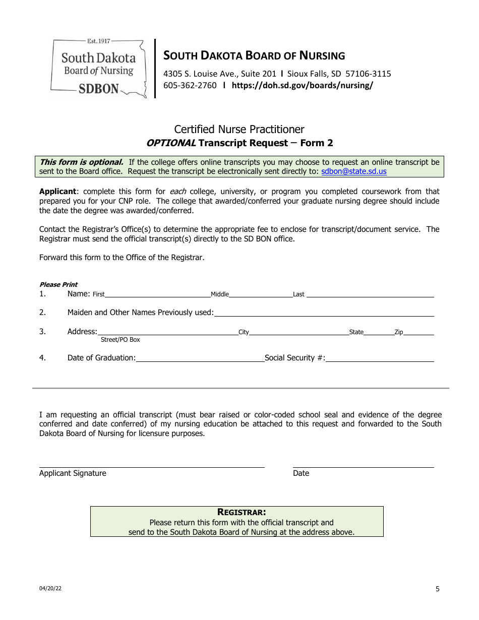 Certified Nurse Practitioner Licensure by Examination Application - South Dakota, Page 5