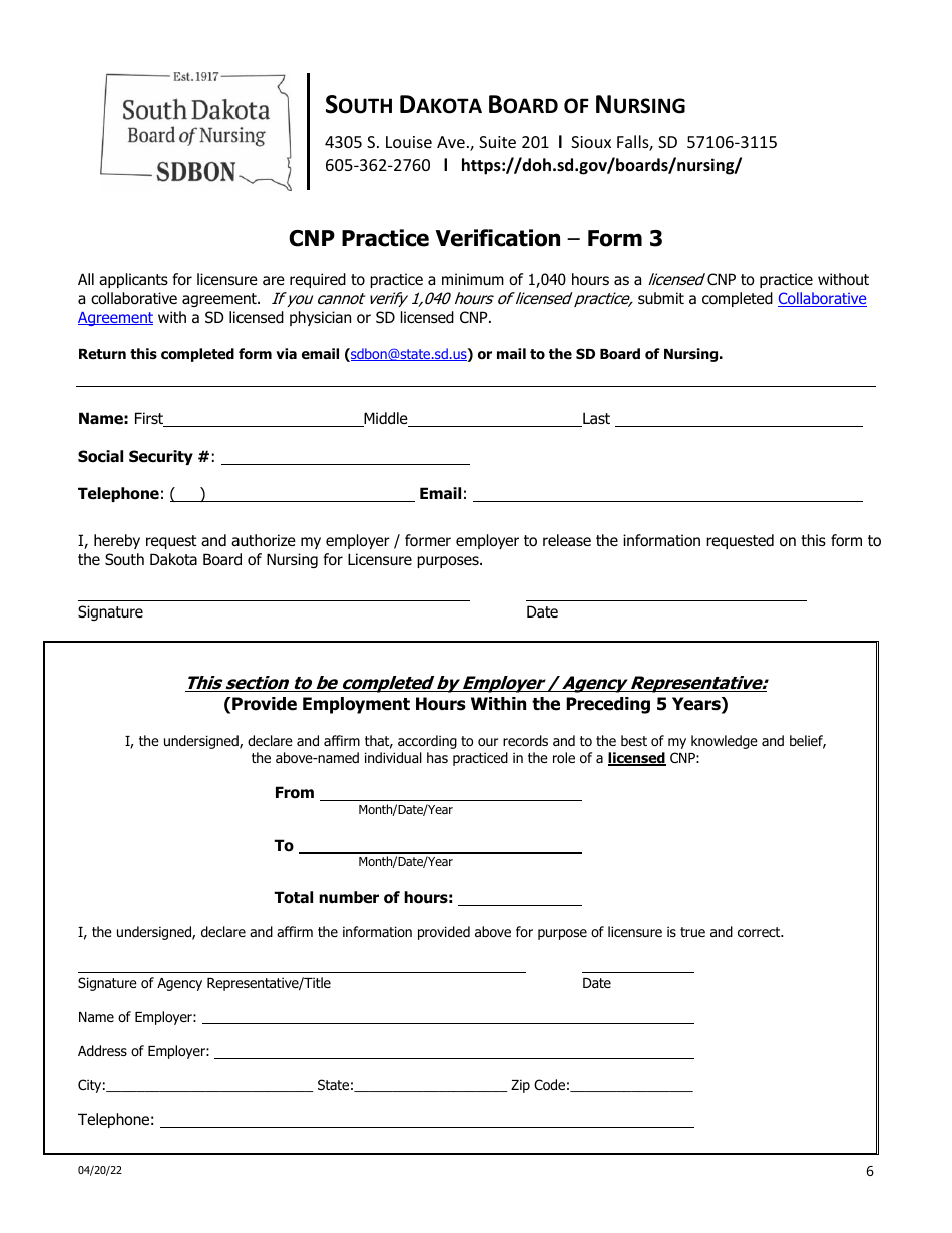 Certified Nurse Practitioner Licensure by Examination Application - South Dakota, Page 6