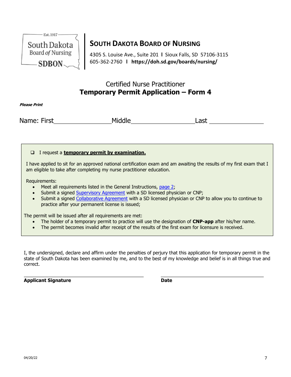 Certified Nurse Practitioner Licensure by Examination Application - South Dakota, Page 7