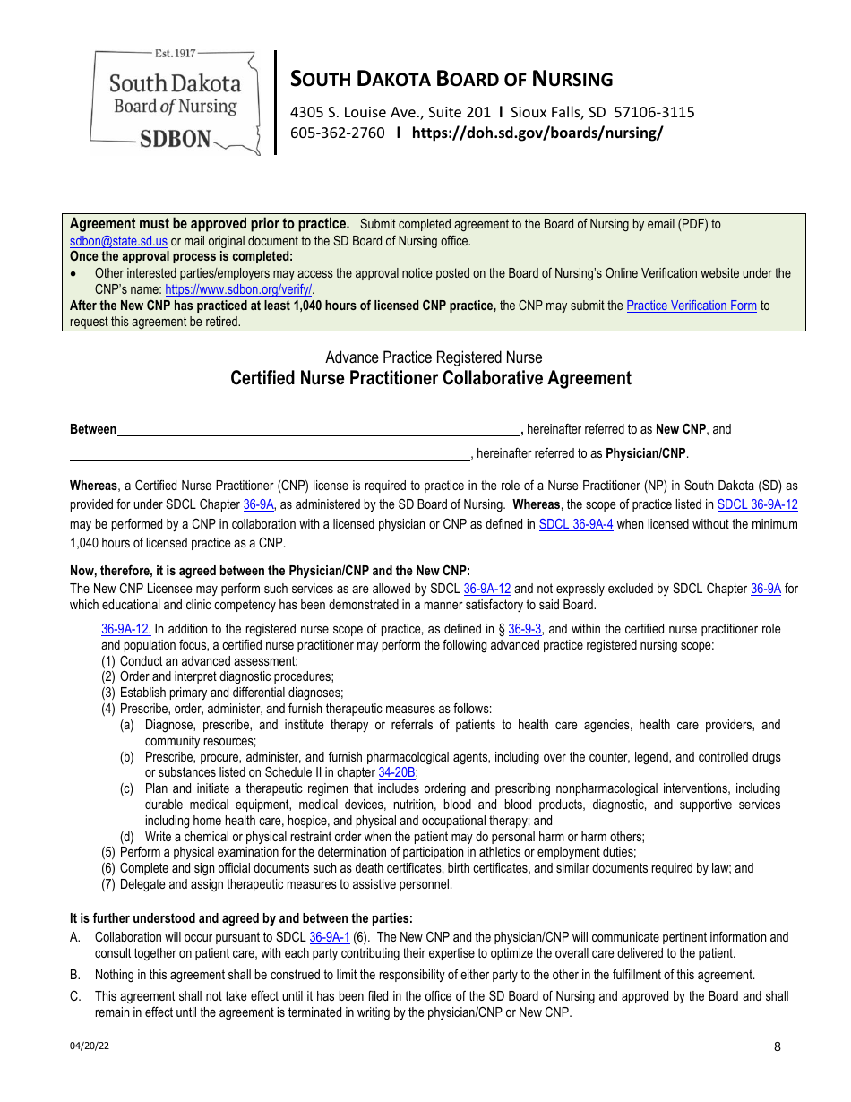 Certified Nurse Practitioner Licensure by Examination Application - South Dakota, Page 8