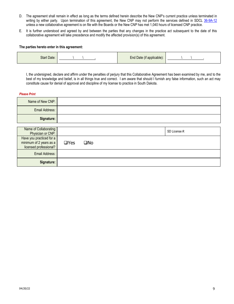 Certified Nurse Practitioner Licensure by Examination Application - South Dakota, Page 9