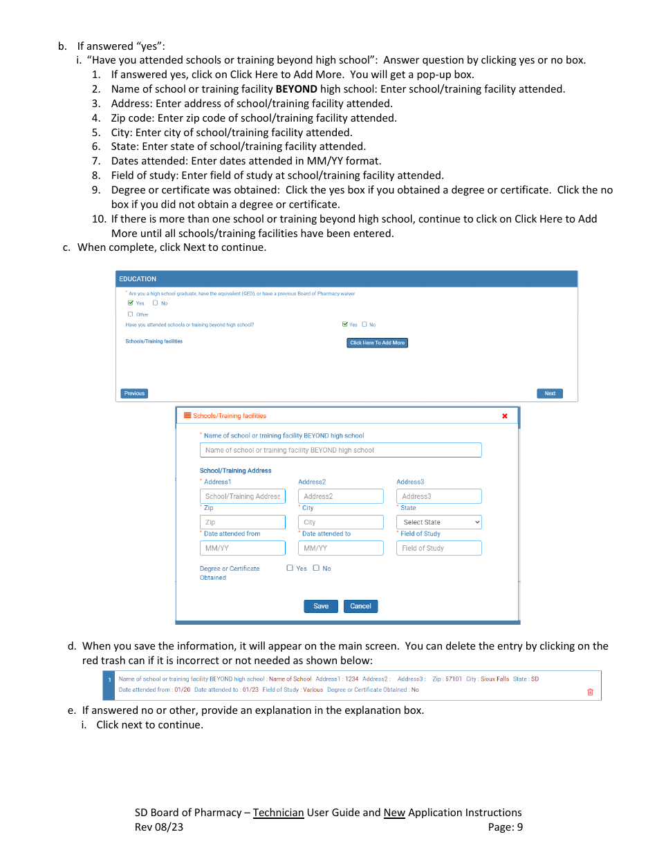 SD Board of Pharmacy - Technician User Guide and New Application Instructions - South Dakota, Page 10