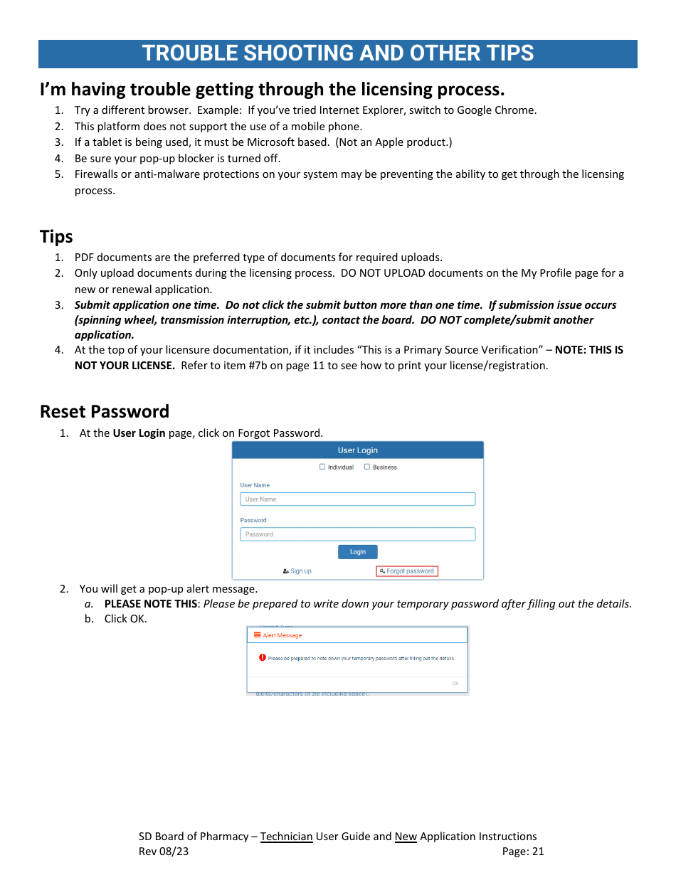 SD Board of Pharmacy - Technician User Guide and New Application Instructions - South Dakota, Page 22