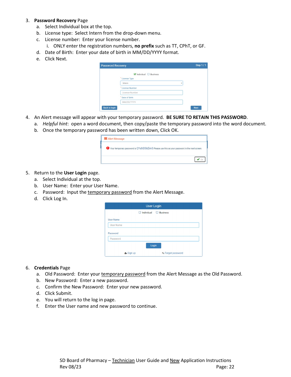 SD Board of Pharmacy - Technician User Guide and New Application Instructions - South Dakota, Page 23