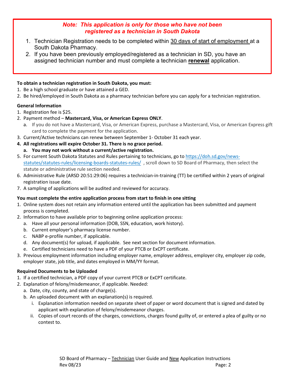SD Board of Pharmacy - Technician User Guide and New Application Instructions - South Dakota, Page 3