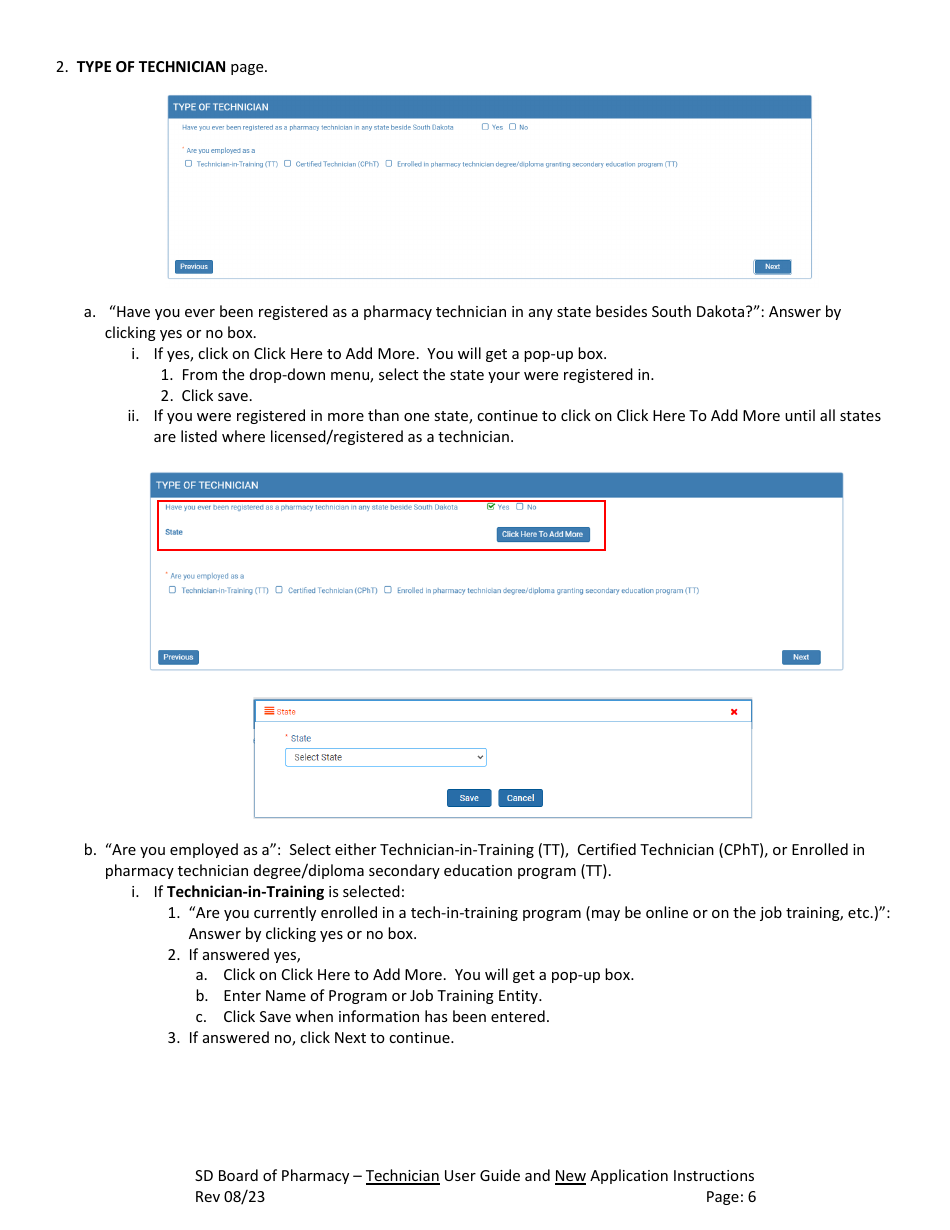 SD Board of Pharmacy - Technician User Guide and New Application Instructions - South Dakota, Page 7