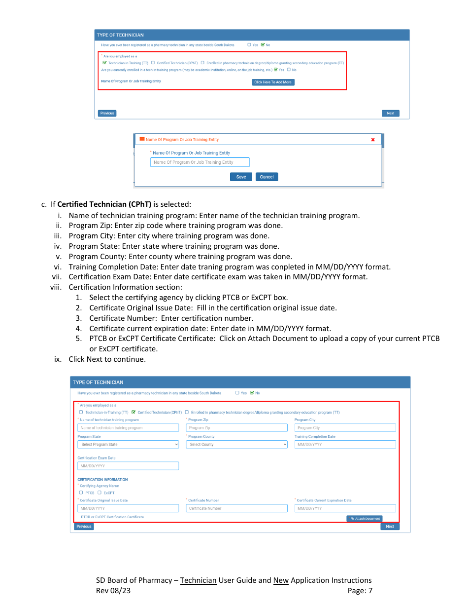 SD Board of Pharmacy - Technician User Guide and New Application Instructions - South Dakota, Page 8