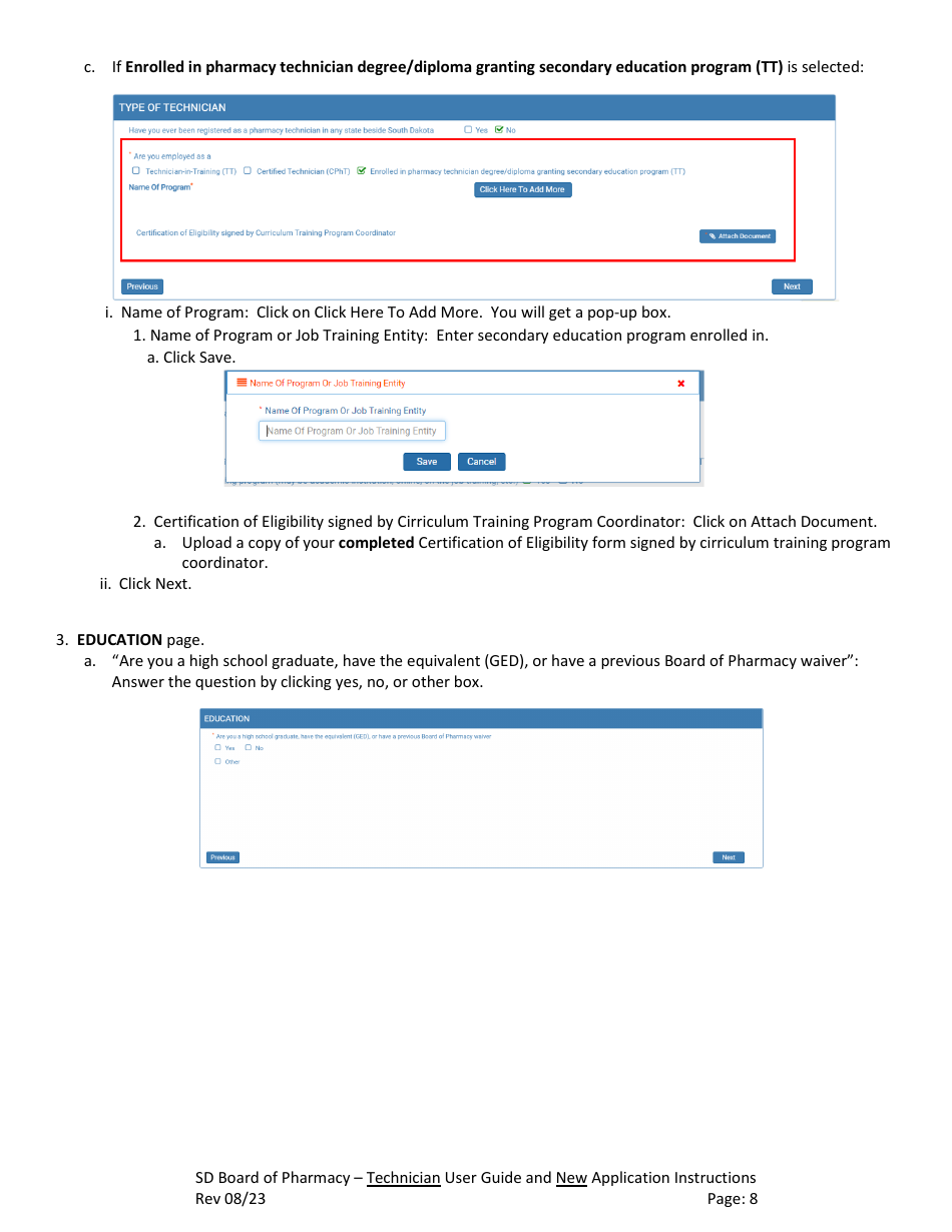 SD Board of Pharmacy - Technician User Guide and New Application Instructions - South Dakota, Page 9