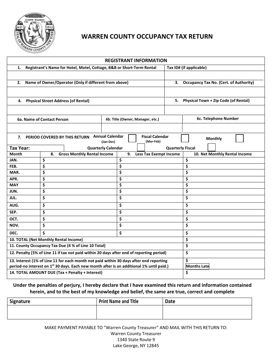 Warren County Occupancy Tax Return Form - Warren County, New York, Page 1