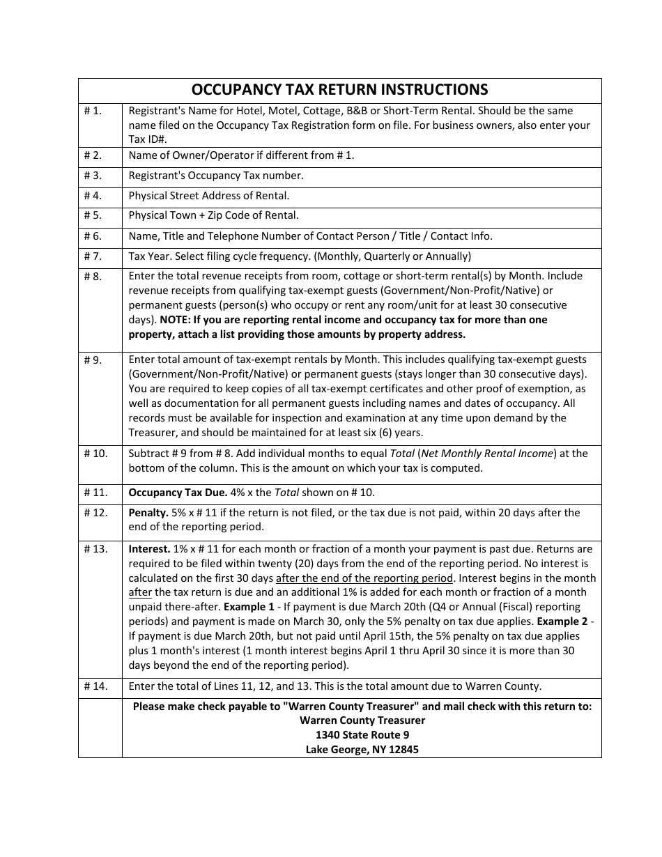 Warren County Occupancy Tax Return Form - Warren County, New York, Page 2