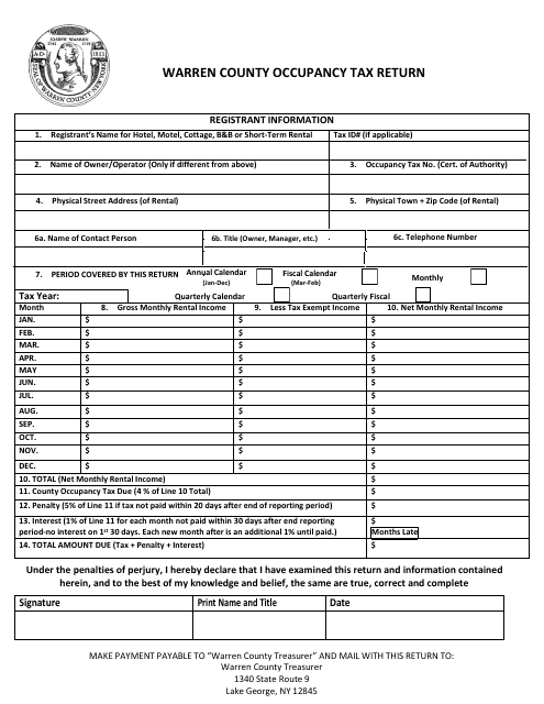 Warren County Occupancy Tax Return Form - Warren County, New York