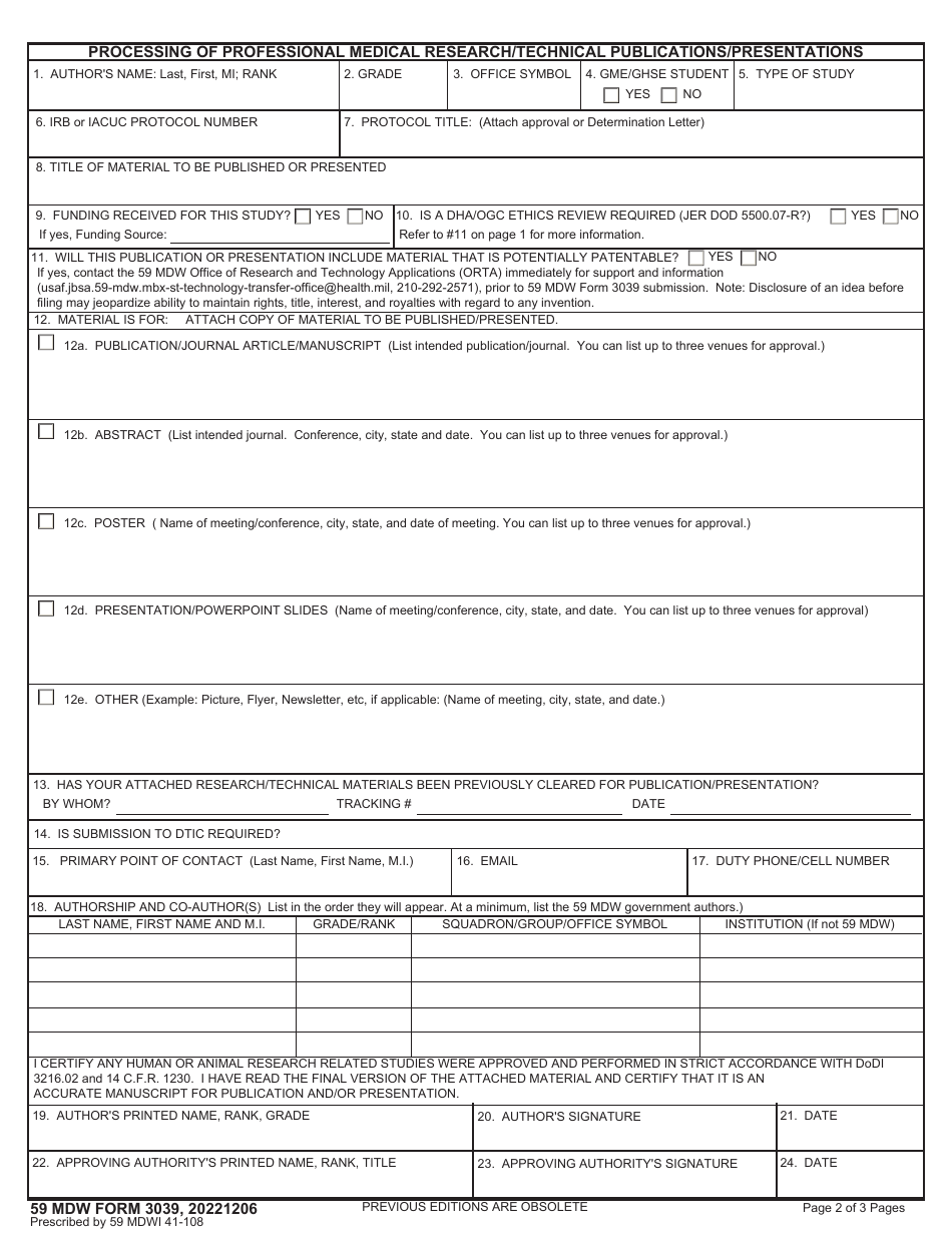 59 MDW Form 3039 Processing of Professional Medical Research / Technical Publications / Presentations, Page 2