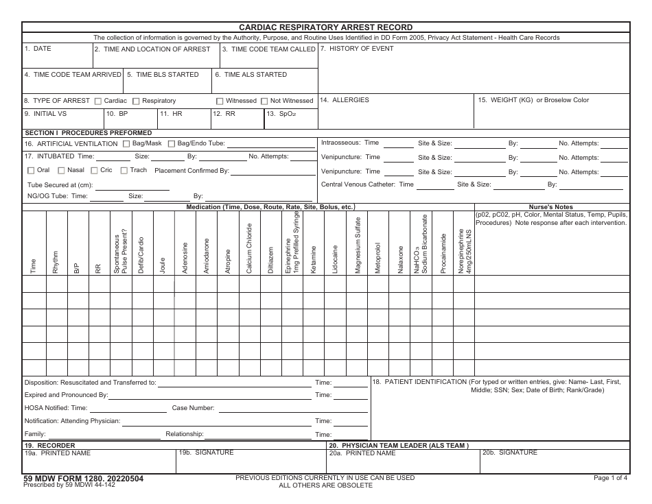59 MDW Form 1280 Cardiac Respiratory Arrest Record, Page 1