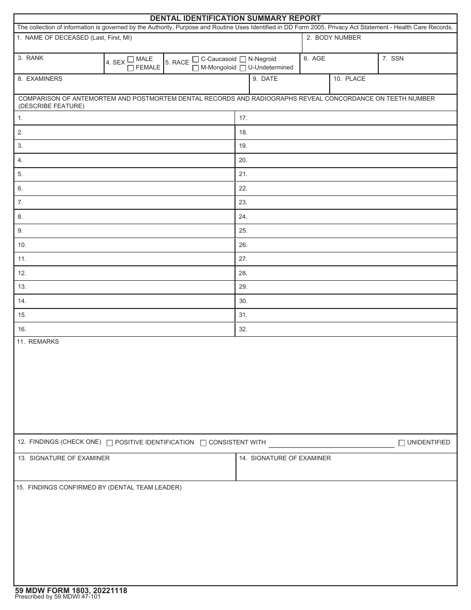 59 MDW Form 1803 Dental Indentification Summary Report, Page 1
