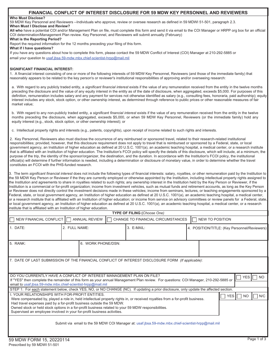 59 MDW Form 15 Financial Conflict of Interest Disclosure for 59 Mdw Key Personnel and Reviewers, Page 1