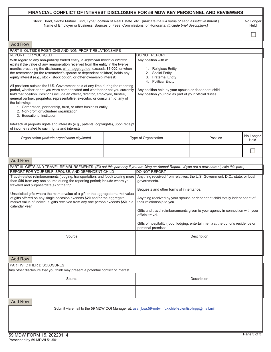 59 MDW Form 15 Financial Conflict of Interest Disclosure for 59 Mdw Key Personnel and Reviewers, Page 3