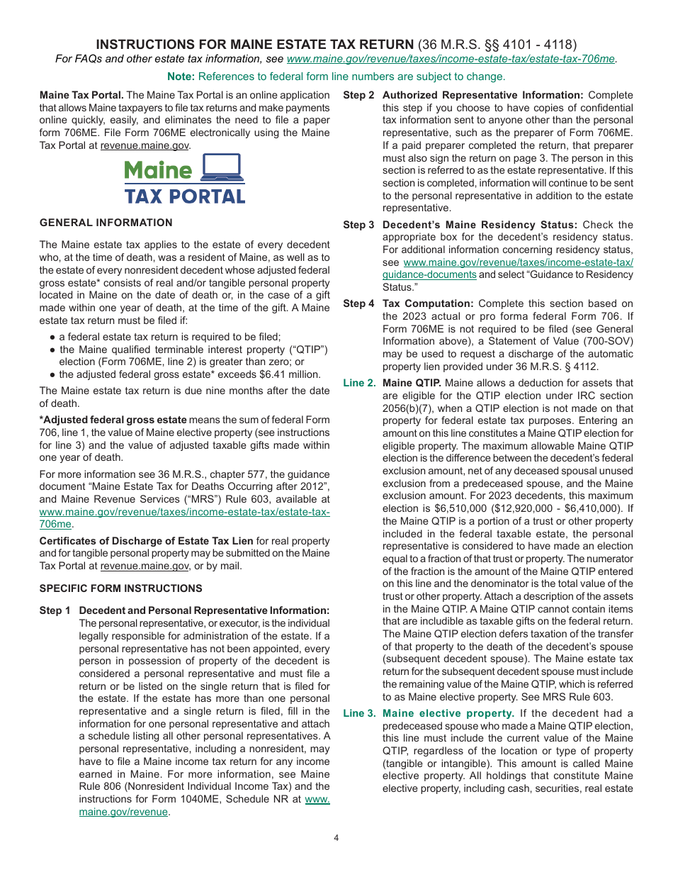 Download Instructions for Form 706ME Maine Estate Tax Return PDF, 2023