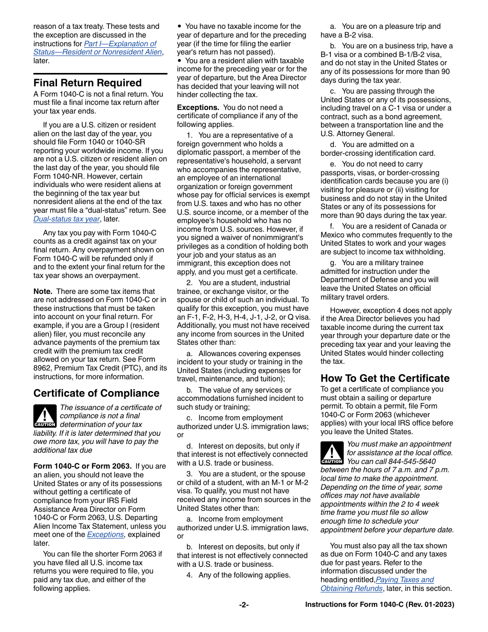 Instructions for IRS Form 1040-C U.S. Departing Alien Income Tax Return, Page 2