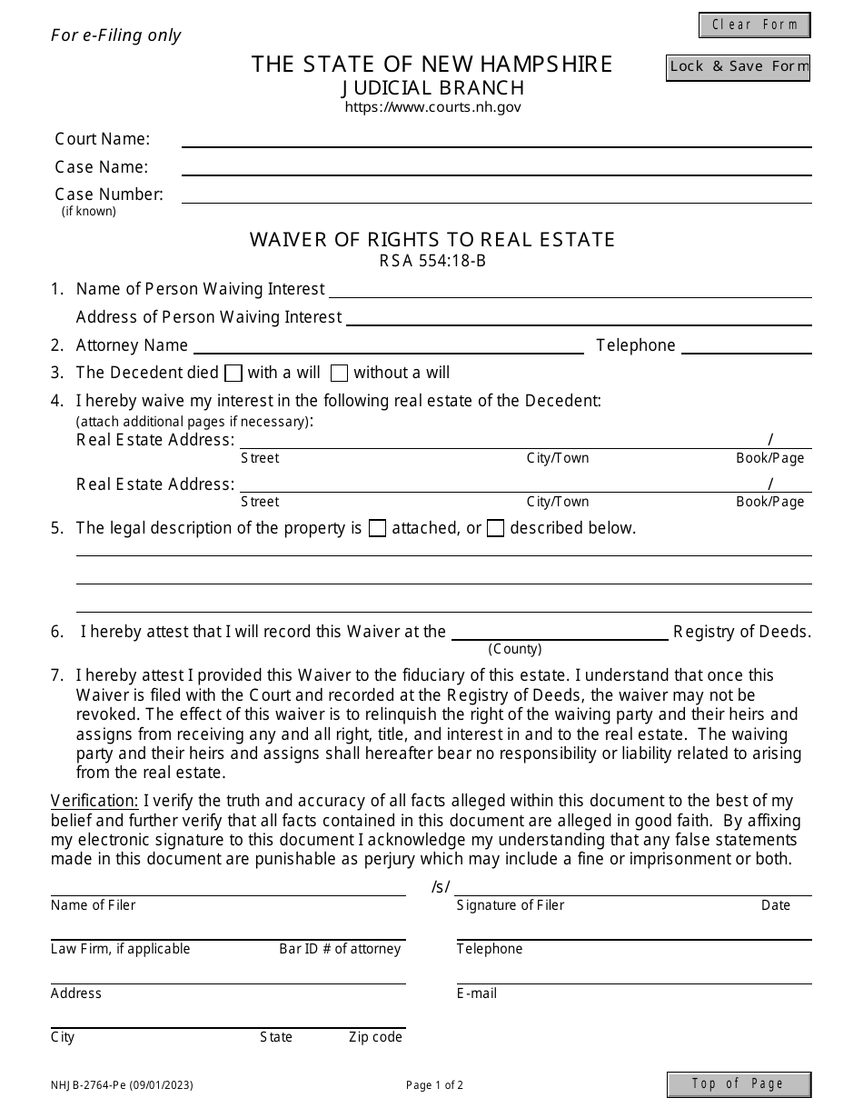 Form NHJB-2764-PE Waiver of Rights to Real Estate - New Hampshire, Page 1