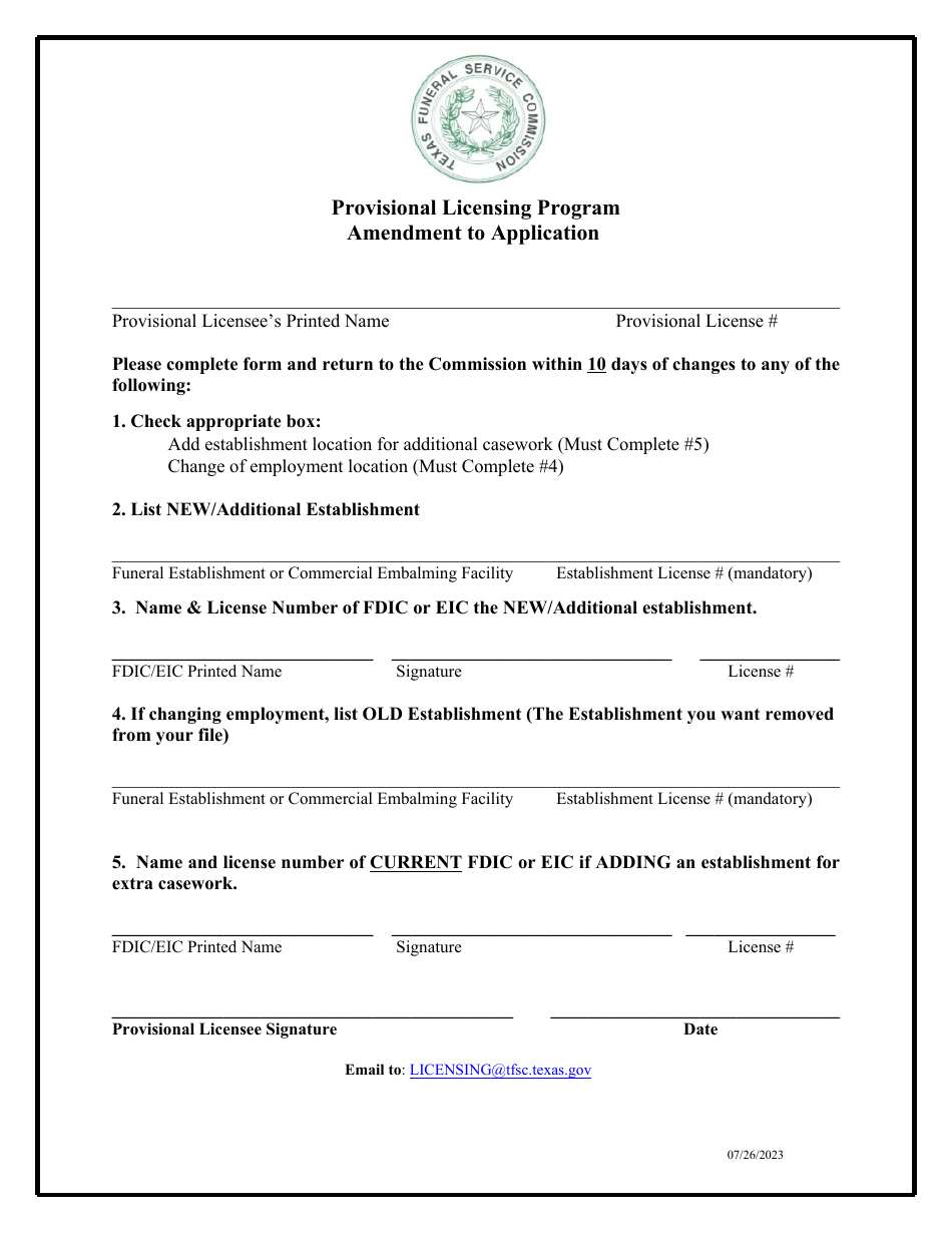 Provisional Licensing Program Amendment to Application - Texas, Page 1