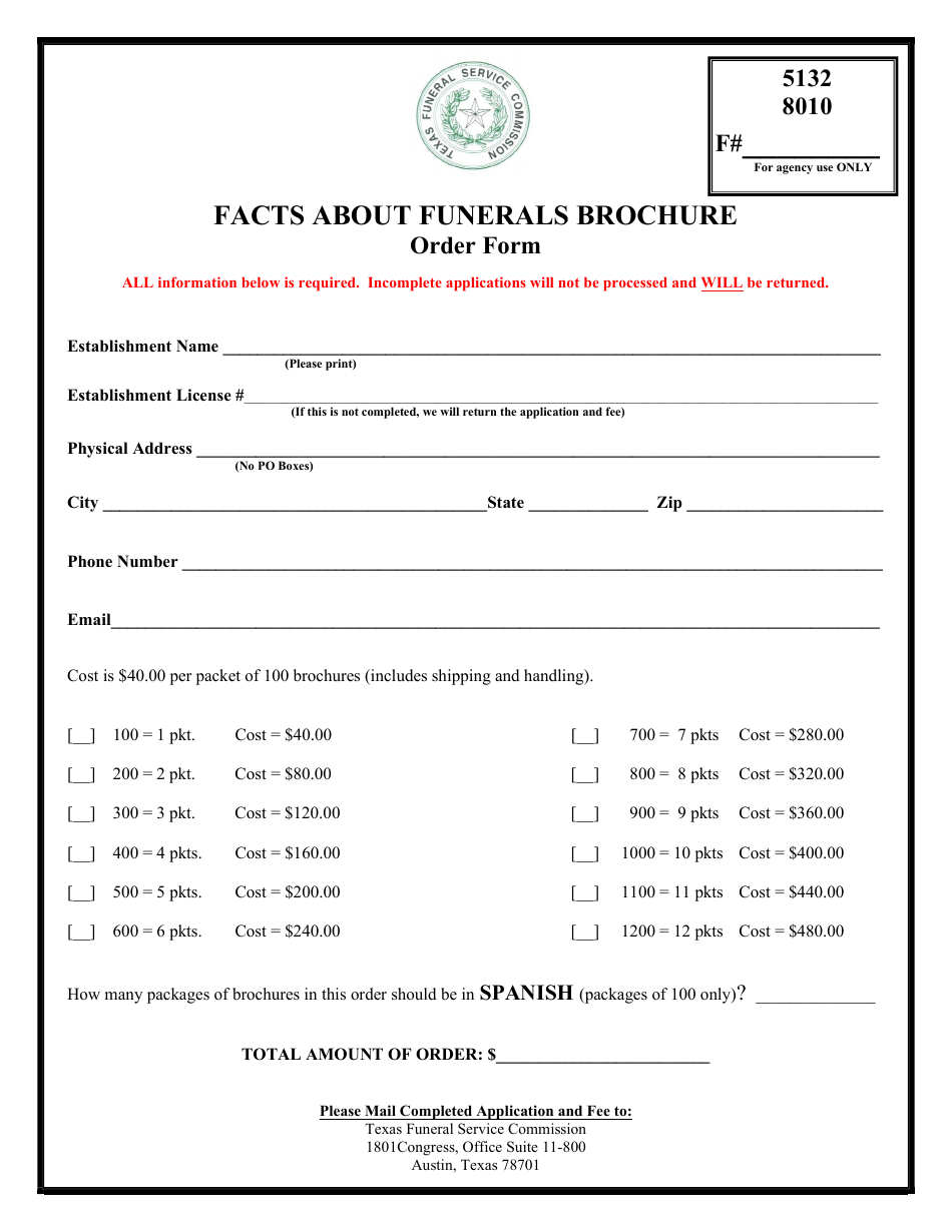 Facts About Funerals Brochure Order Form - Texas, Page 1