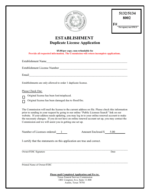 Establishment Duplicate License Application - Texas