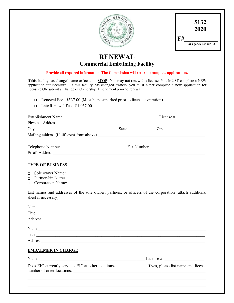 Texas Renewal Commercial Embalming Facility Fill Out, Sign Online