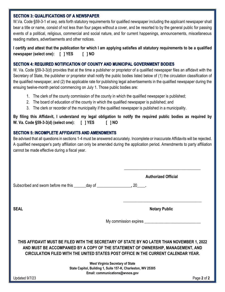 Affidavit of Circulation  Qualification for Qualified Legal Newspapers in the State of West Virginia - West Virginia, Page 2
