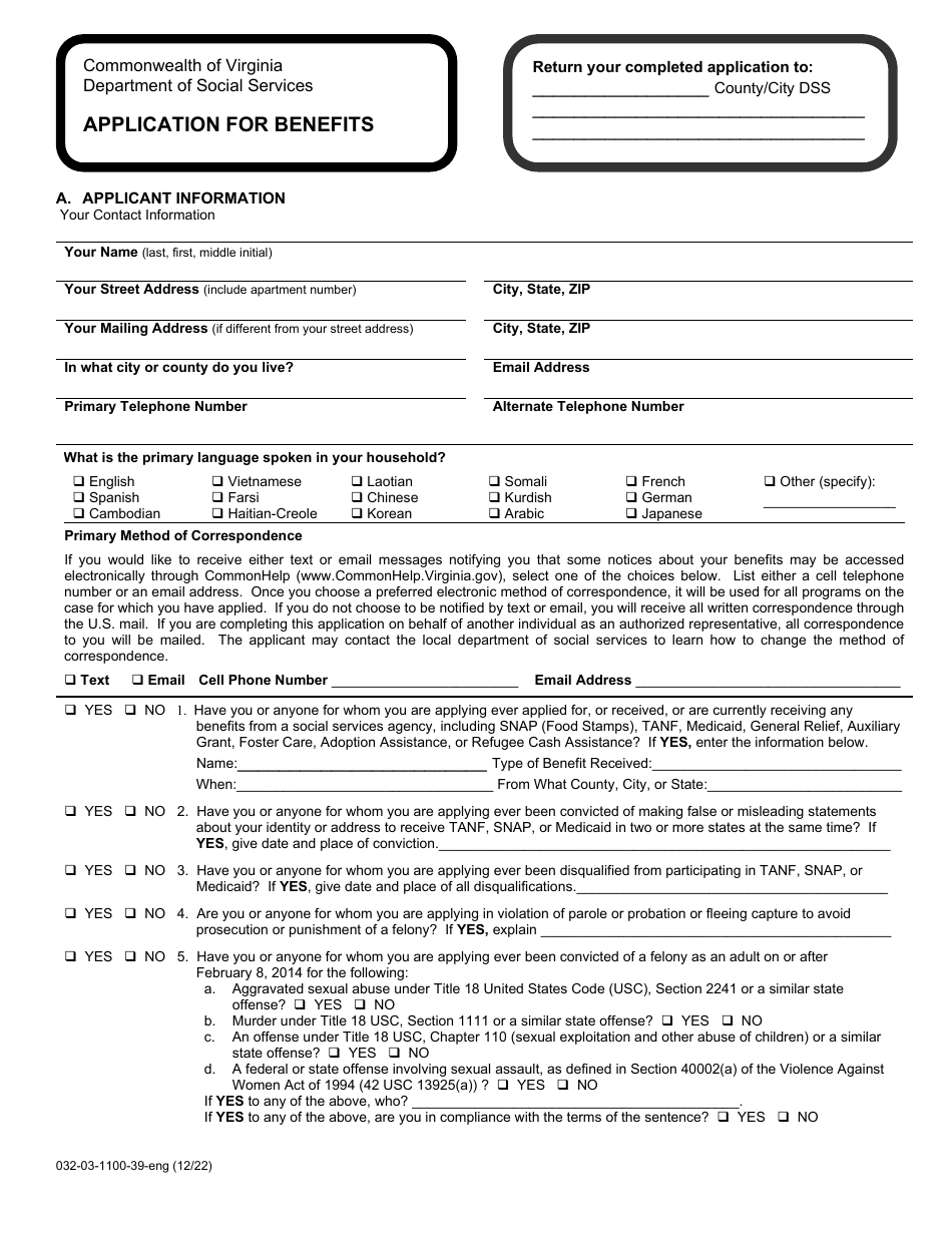Form 032-03-1100-39-ENG Application for Benefits - Snap - Virginia, Page 5
