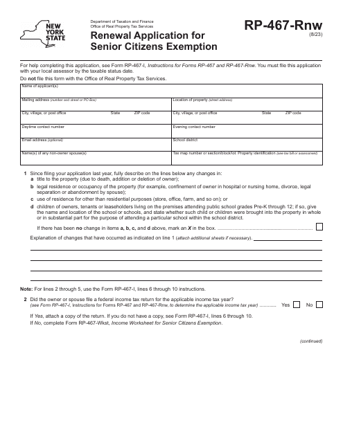 Form RP-467-RNW Renewal Application for Senior Citizens Exemption - New York