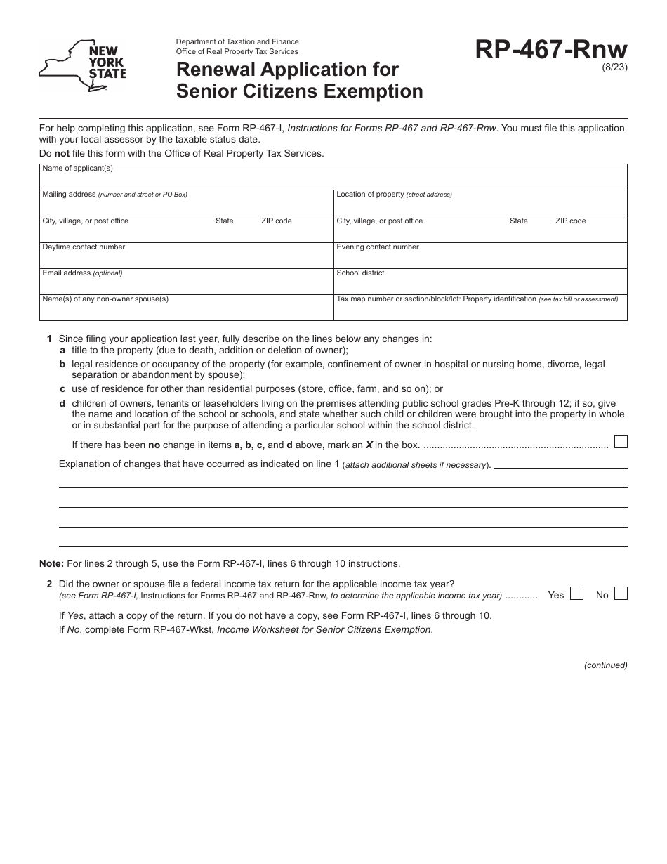 Form RP-467-RNW Renewal Application for Senior Citizens Exemption - New York, Page 1