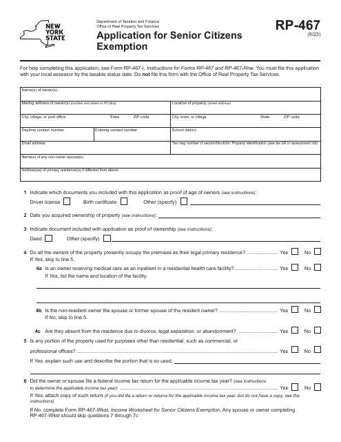 Form RP-467 Application for Senior Citizens Exemption - New York