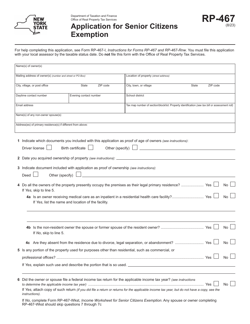 Form RP-467 Application for Senior Citizens Exemption - New York, Page 1