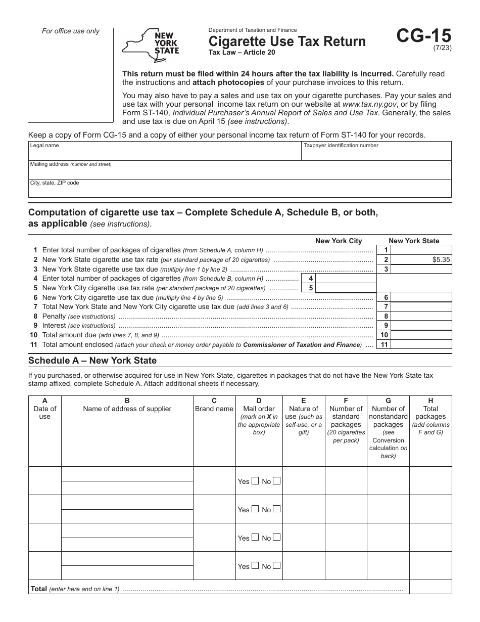 Form CG-15 Cigarette Use Tax Return - New York, Page 1