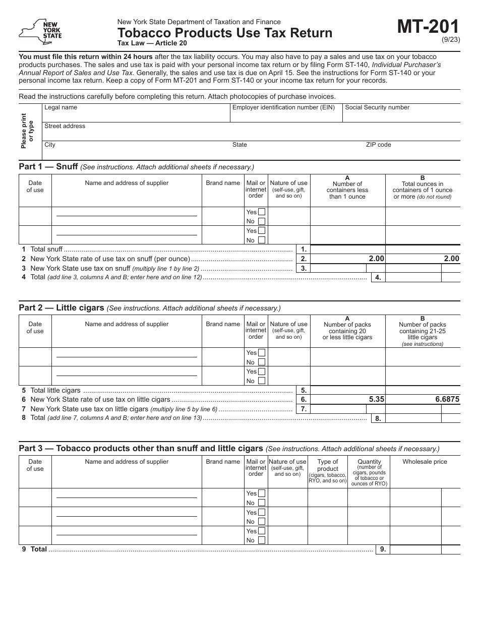 Form MT-201 Tobacco Products Use Tax Return - New York, Page 1
