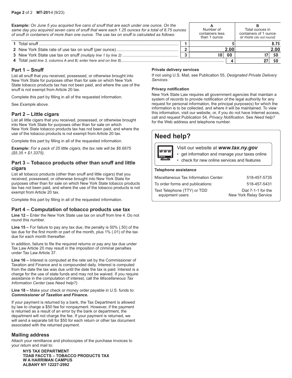 Instructions for Form MT-201 Tobacco Products Use Tax Return - New York, Page 2