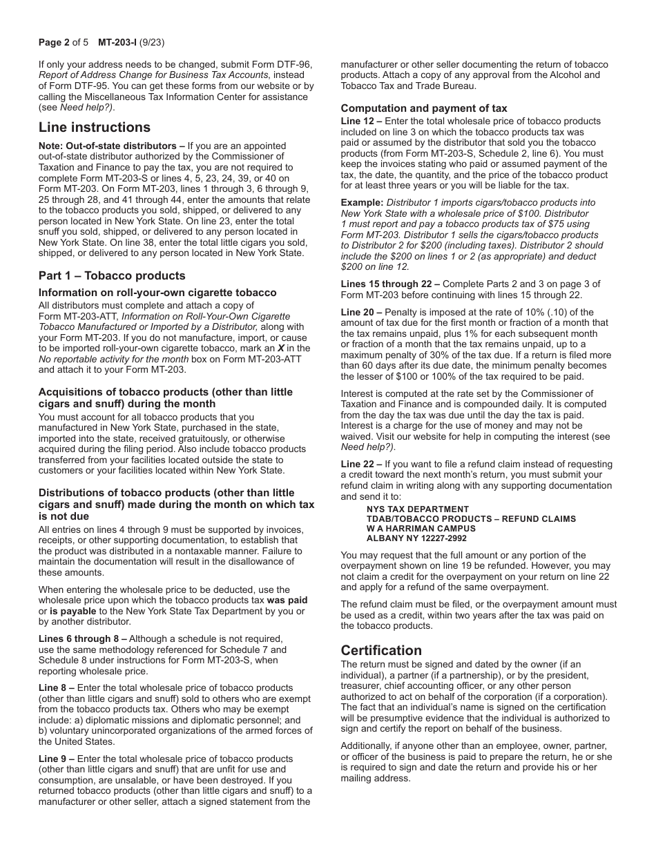 Instructions for Form MT-203, MT-203-S Distributor of Tobacco Products Tax Return and Accompanying Schedules - New York, Page 2