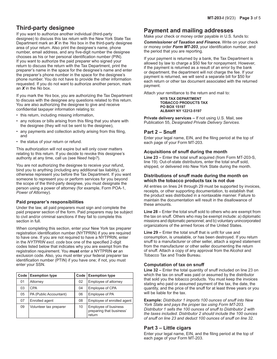 Instructions for Form MT-203, MT-203-S Distributor of Tobacco Products Tax Return and Accompanying Schedules - New York, Page 3