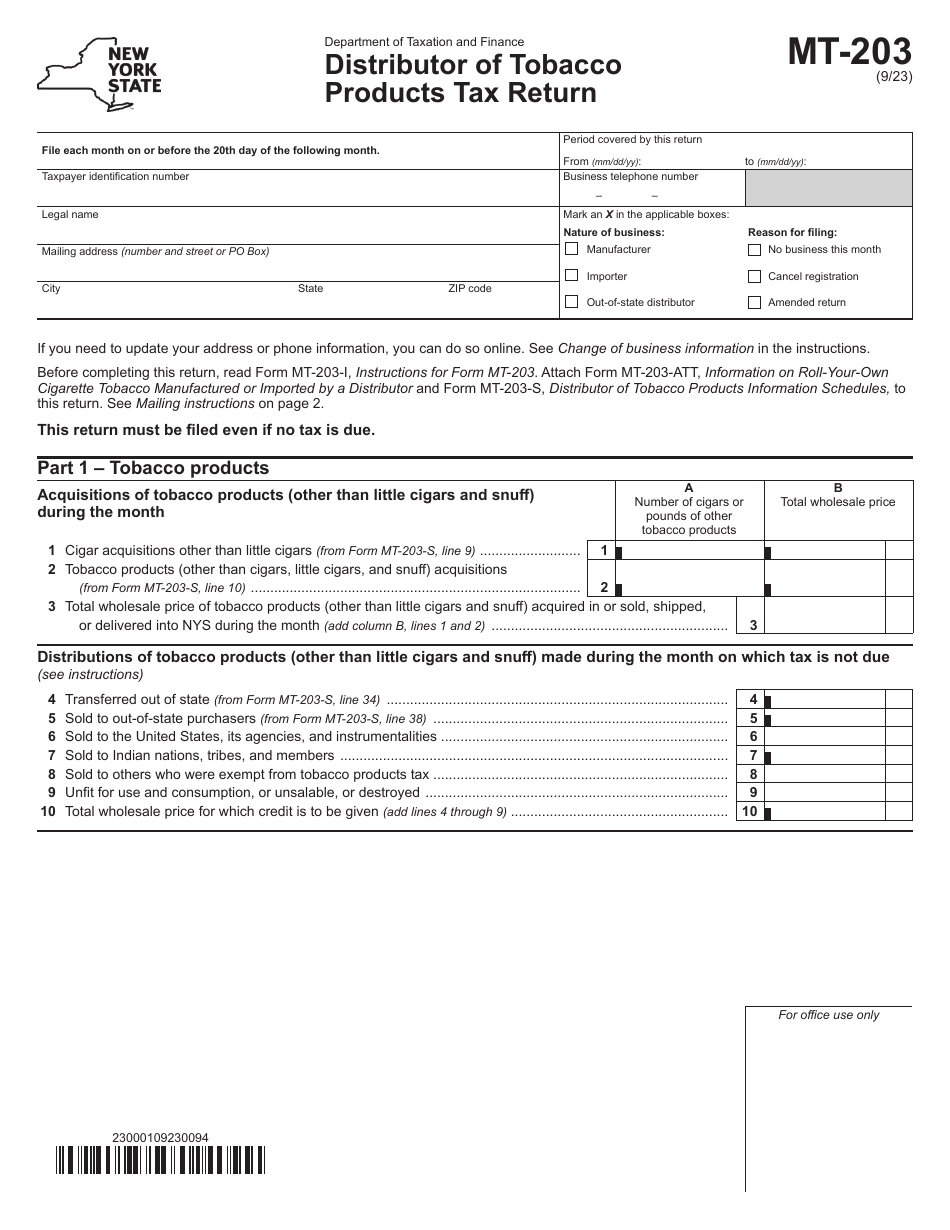 Form MT-203 Distributor of Tobacco Products Tax Return - New York, Page 1