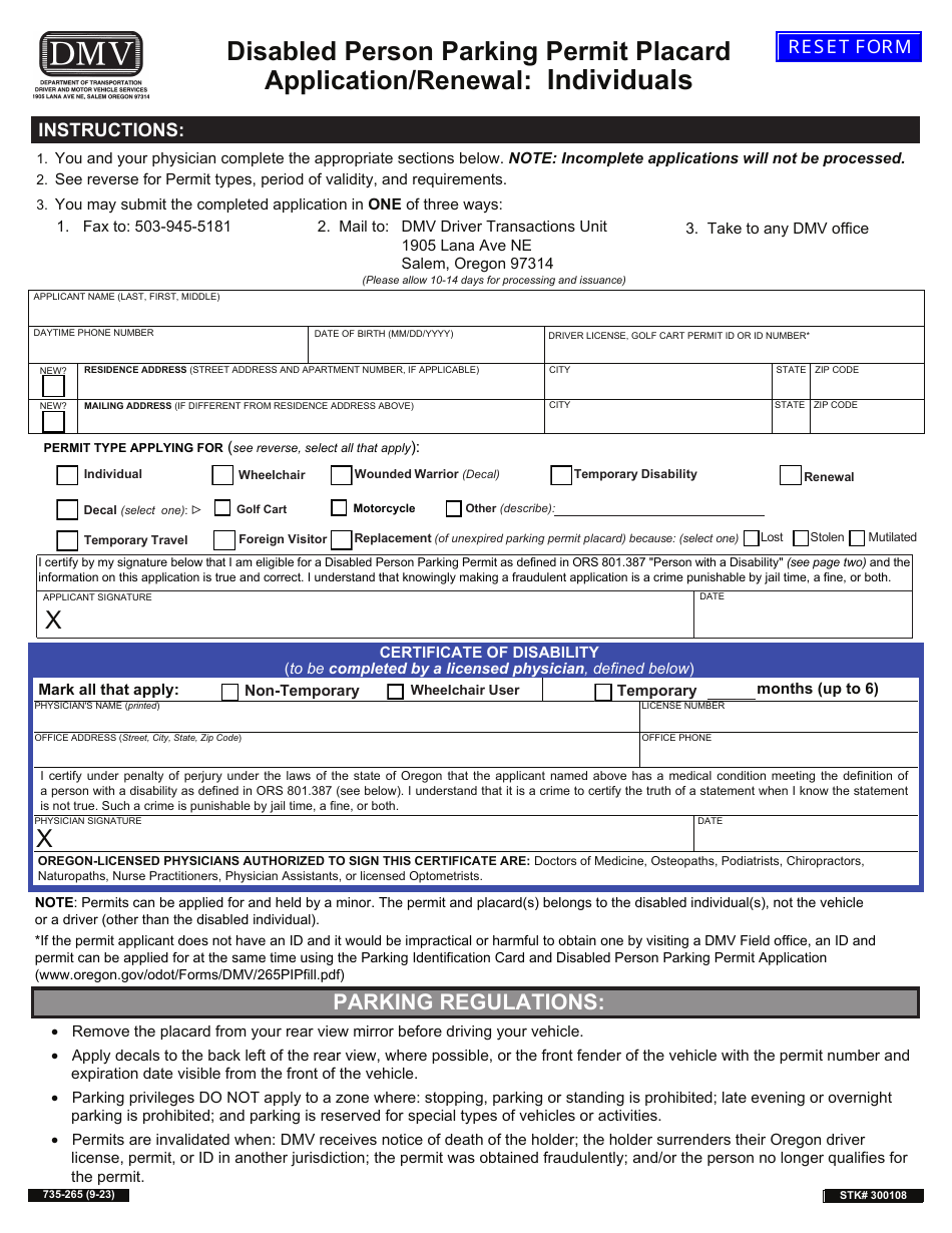 Form 735-265 Disabled Person Parking Permit Placard Application / Renewal: Individuals - Nevada, Page 1