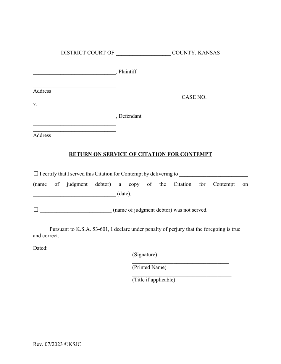 Citation for Contempt of Court (Failure to Appear for Hearing in Aid of Execution) - Kansas, Page 2