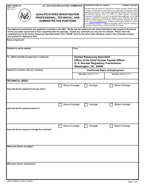 NRC Form 212 Qualifications Investigation Professional, Technical, and Administrative Positions