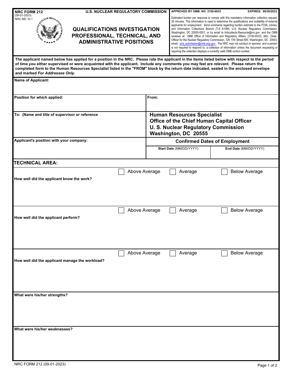 NRC Form 212 Qualifications Investigation Professional, Technical, and Administrative Positions, Page 1
