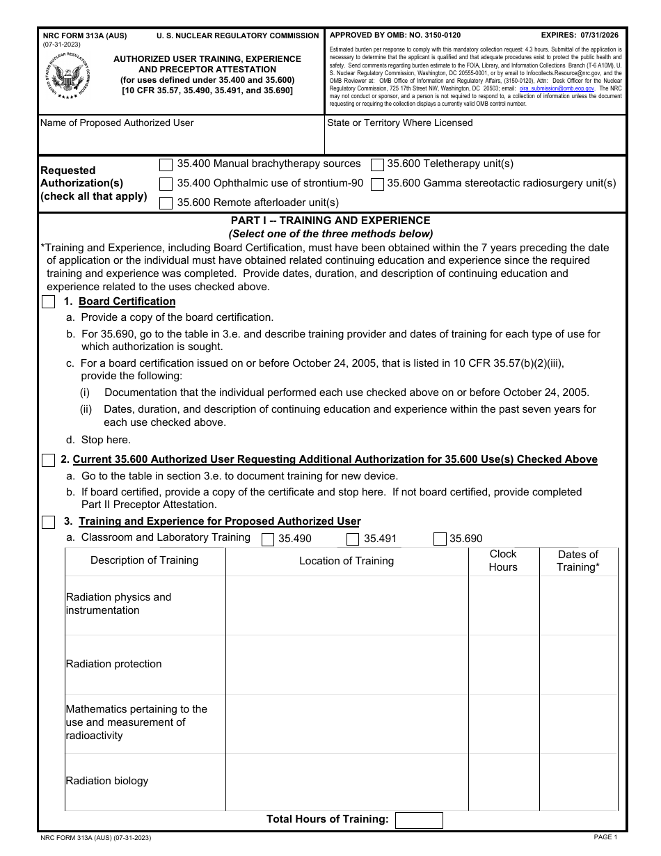 NRC Form 313A (AUS) Authorized User Training, Experience and Preceptor Attestation (For Uses Defined Under 35.400 and 35.600), Page 1