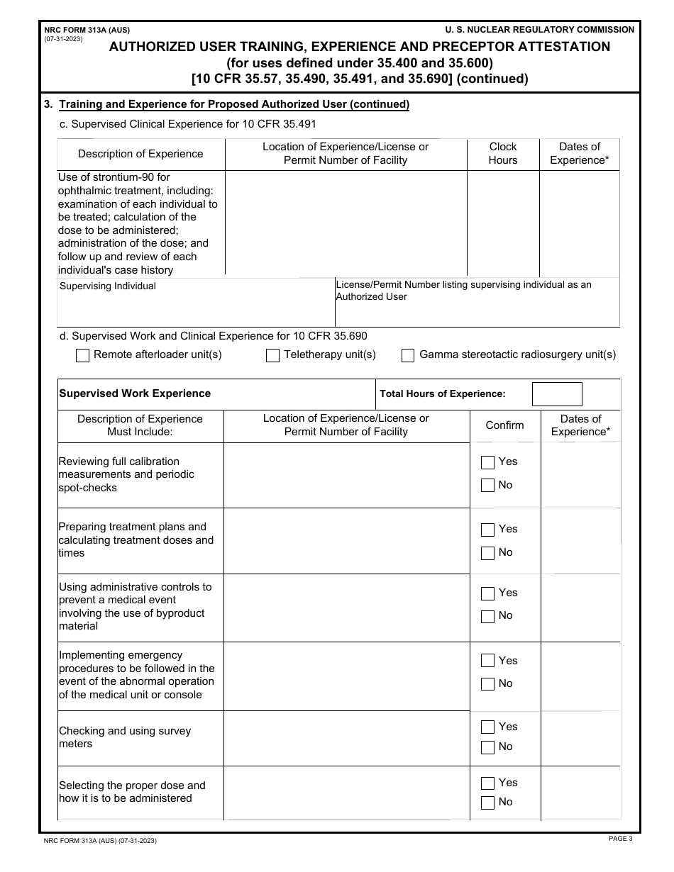 NRC Form 313A (AUS) Authorized User Training, Experience and Preceptor Attestation (For Uses Defined Under 35.400 and 35.600), Page 3