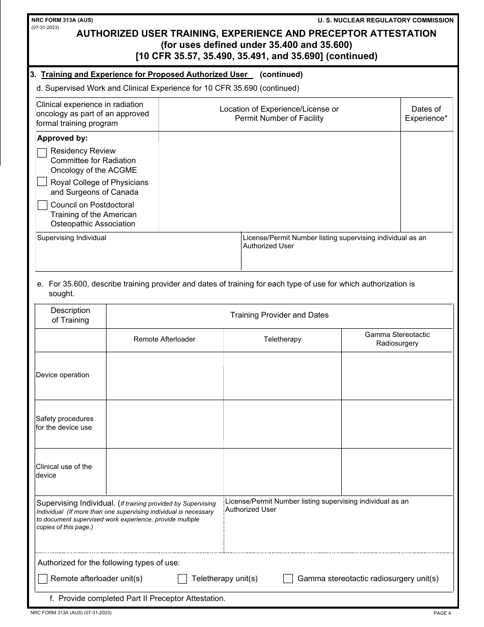 NRC Form 313A (AUS) Authorized User Training, Experience and Preceptor Attestation (For Uses Defined Under 35.400 and 35.600), Page 4