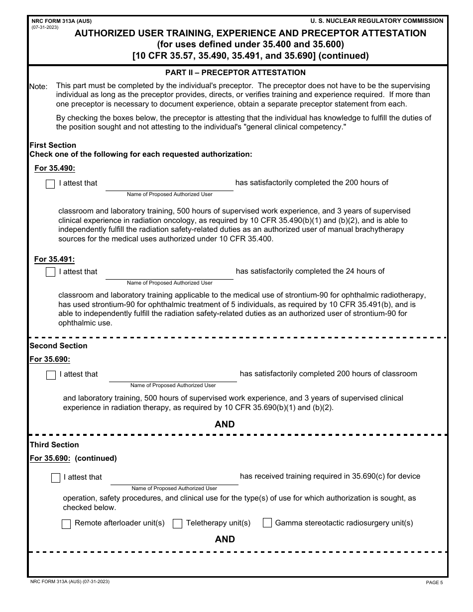 NRC Form 313A (AUS) Authorized User Training, Experience and Preceptor Attestation (For Uses Defined Under 35.400 and 35.600), Page 5
